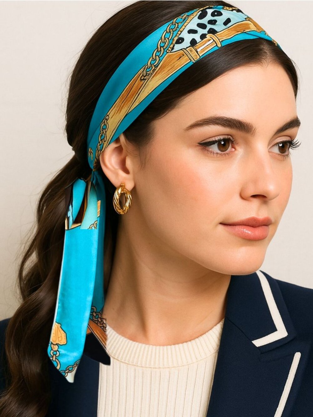 Teal Gold Chain Print Slim Scarf 34in Silk Ribbon Coastal Glam Accessory